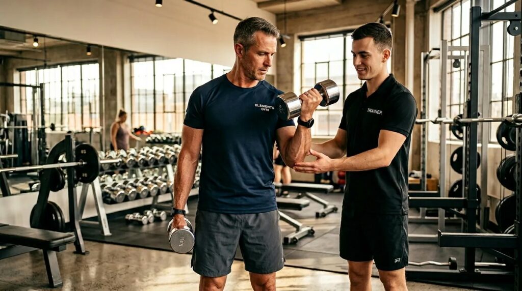 Homme âgée faisant de la musculation avec un coach 
